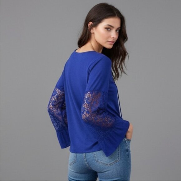 Blue Contrast Lace Flounce Sleeve Tie Neck Blouse - Picture 4 of 5